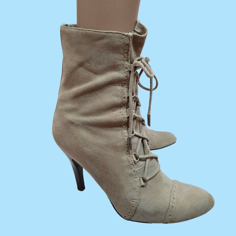 Y2K beige suede Lace Up Booties US Size 8.5 Ankle Boots Pointed Toe
